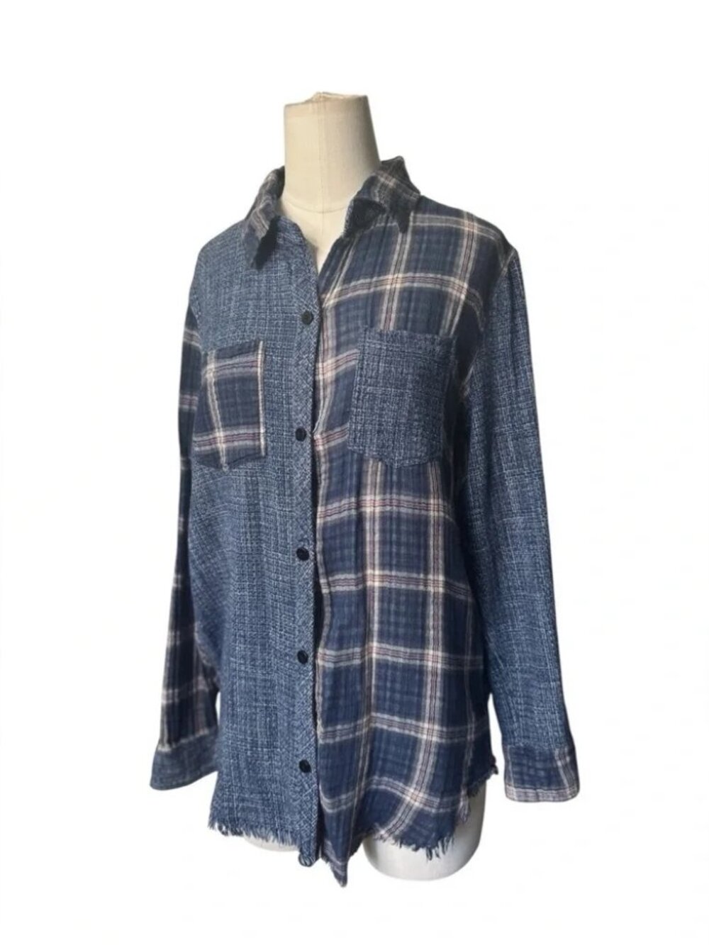 ANTHROPOLOGIE Artisan De Luxe Women L Button Shirt Flannel Plaid Mix Split Multi